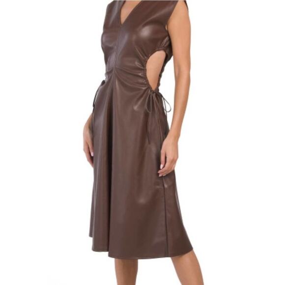 NWOT 7 for All Mankind Dress Faux Leather Dark Brown Cut Out Midi Size Large - Picture 3 of 4